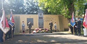 pomnik Marszałka w otoczeniu pocztów sztandarowych i kwiatów.