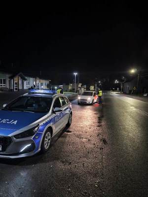 umundurowani policjanci kontrolują stan trzeźwości na punktach kontrolnych.