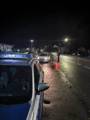 umundurowani policjanci kontrolują stan trzeźwości na punktach kontrolnych.