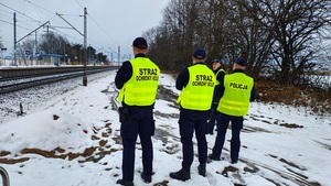 umundurowani policjanci i umundurowani strażnicy ochrony kolei kontrolują infrastrukturę kolejową.