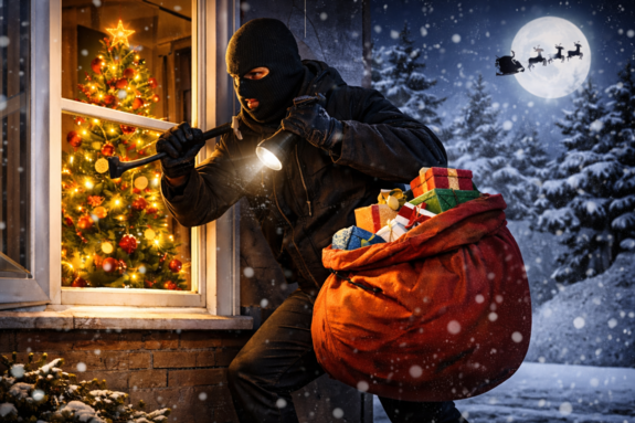 Animacja złodzieja z workiem prezentów przed oknem.