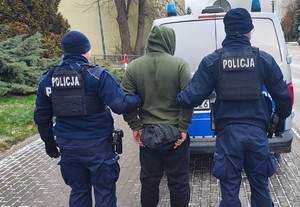 Policjanci nadzorują osobę zatrzymaną.