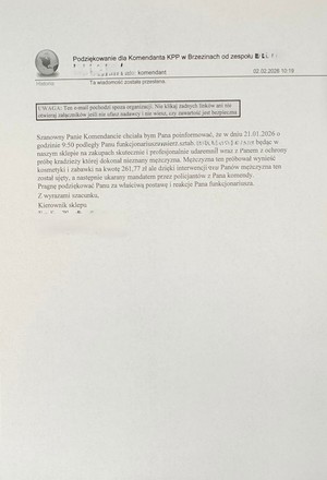 Pismo z podziękowaniami do Komendanta Policji w Brzezinach.