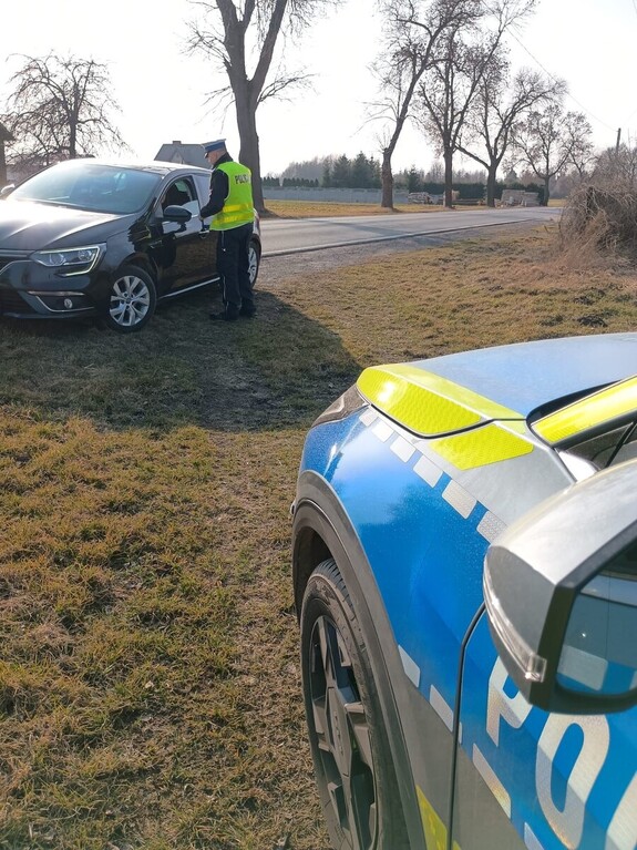 Policjant na tle radiowozu oznakowanego w trakcie kontroli drogowej.