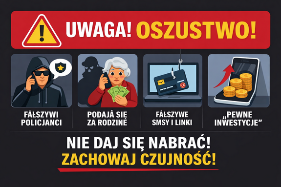 Grafika przestrzegająca przed oszustwami.