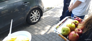 Uczniowie z jabłkami i cytrynami.
