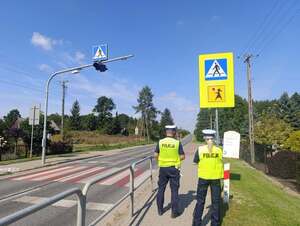 Funkcjonariusze Wydziału Ruchu Drogowego Brzezińskiej Komendy kontrolują obręb Szkoły.